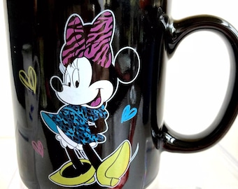 Vintage Disney Minnie Mouse Ceramic Coffee Mug Cup Black Purple Bow Front Back