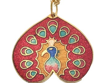 Gargantilla vintage de cloisonné con forma de pavo real, esmalte chapado en oro, rojo, azul y aguamarina.