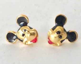 Vintage Disney Mickey Mouse Earrings Disneyana Gold Plated Posts 1980's Studs Enamel