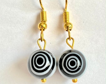 Black White Murano Art Glass Bead Earrings Round Swirl Beads Gold Plated Dangle Beads