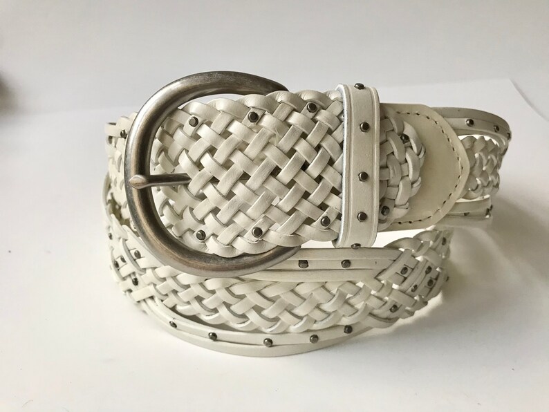 Vintage Womens Esprit Boho Chic White Riveted Leather Belt Size Large L