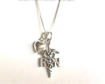 Personalized Caduceus RN Pendant Necklace - 925 Sterling Silver, Custom Name Engraved, Made In USA