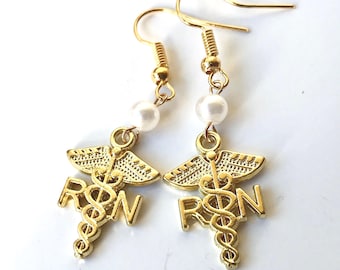 Gold Caduceus RN Nursing Earrings White Pearl Plated Registered Nurse Christmas Graduation Gift