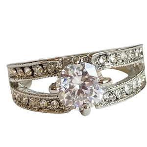 Vintage Silver Art Deco Cubic Zirconia Cocktail Engagement Ring Size 6 7 8 9 Rhodium Plated