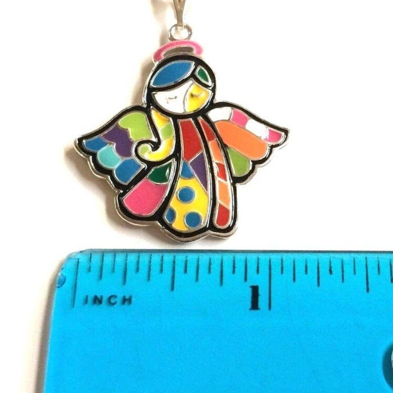 Vtg Pop Art Angel Necklace 18" Patchwork Pendant Multicolor Enamel Silver Plated image 9