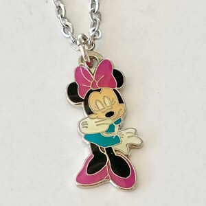 Vintage Disney Minnie Mouse Charm Necklace Pink Bow Enamel Disneyana 18" Stainless steel Chain Signed Charms image 2