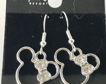 Disney Mickey Minnie Mouse Earrings Crystal Charms Silver Plated Vintage Bow