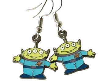 Vintage Disney Pixar Aliens Earrings Toy Story Little Green Men Disneyana Blue Green Enamel Signed Charms Dangle
