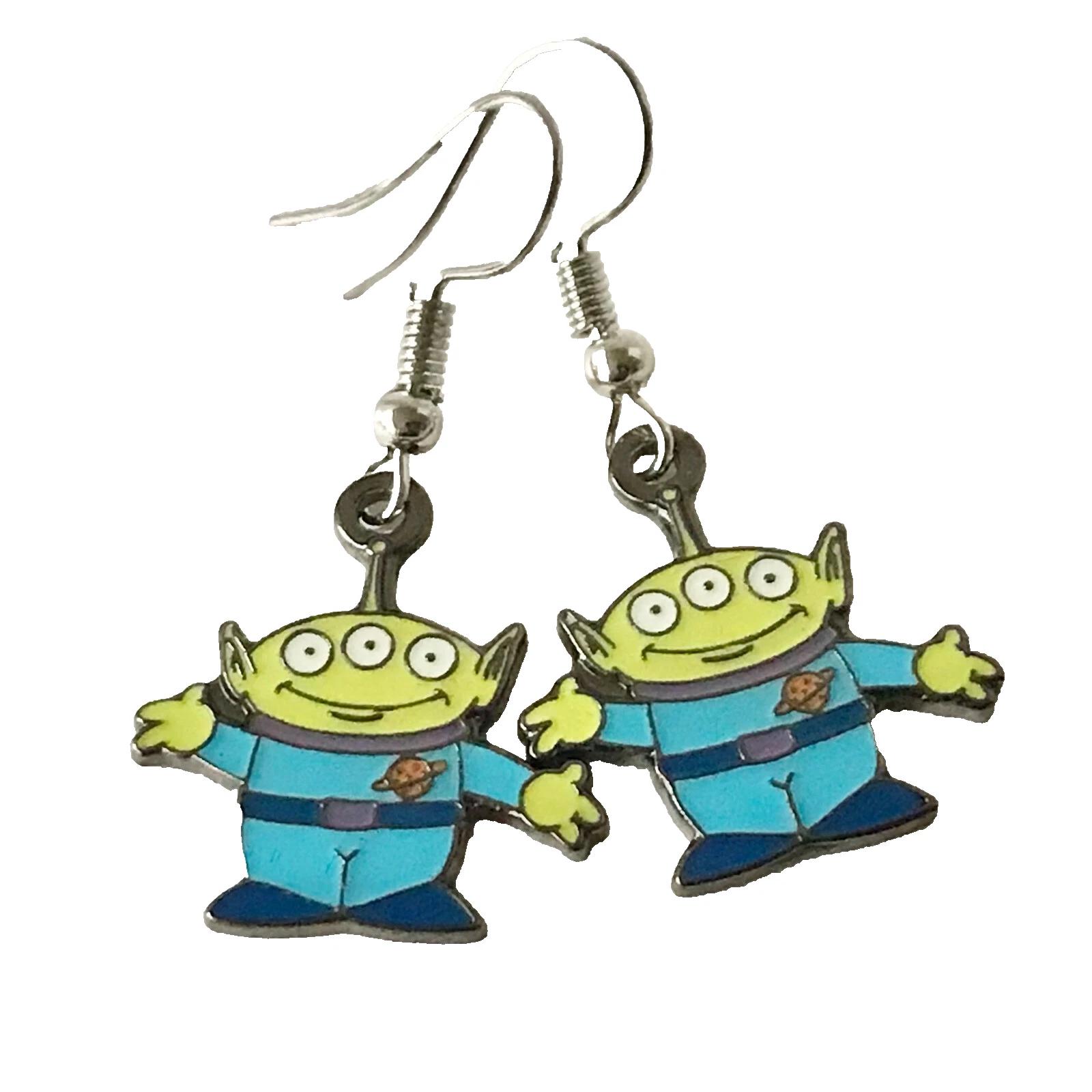 Vintage Disney Pixar Aliens Earrings Toy Story Little Green Men Disneyana  Blue Green Enamel Signed Charms Dangle