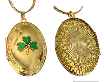 Vintage Shamrock Locket Pendant Necklace Irish Clover Gold Plated Photo Oval 24"
