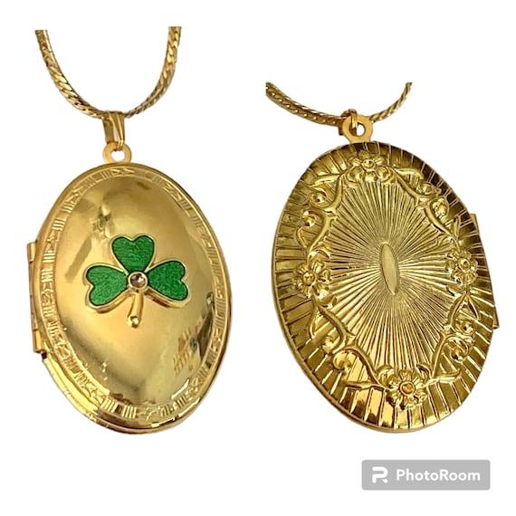 Vintage Shamrock Locket Pendant Necklace Irish Cl… - image 1