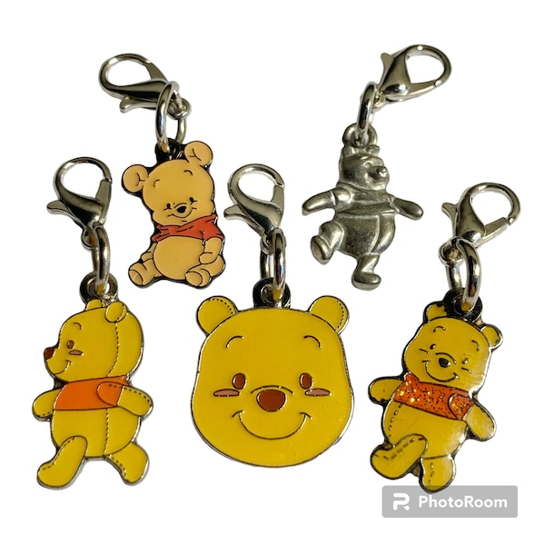 Vintage Disney Winnie The Pooh Charm Lot of 5 Charms Purse Zipper Pull Clip On for Bracelet Signed Charms Disneyana