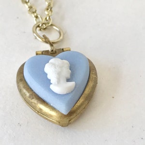 Vintage Gold Blue Cameo Heart Locket Necklace Dainty Small 18" Plated