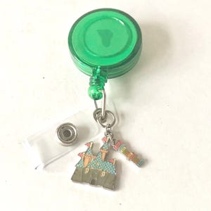 Disney Castle Charm ID Badge Holder Lanyard Retractable Reel Cinderella Castle Disneyland Charm California Work Badge Holder