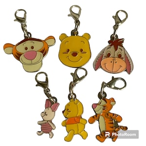 Vintage Disney Tigger Piglet Eeyore Winnie The Pooh Charm Lot of 6 Charms Purse Zipper Pull Clip On for Bracelet Signed Charms