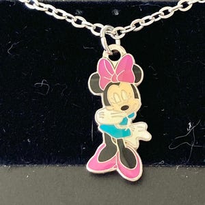 Vintage Disney Minnie Mouse Charm Necklace Pink Bow Enamel Disneyana 18" Stainless steel Chain Signed Charms image 4