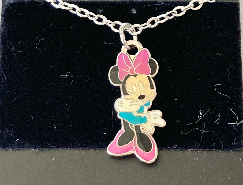 Vintage Disney Minnie Mouse Charm Necklace Pink Bow Enamel Disneyana 18" Stainless steel Chain Signed Charms image 4