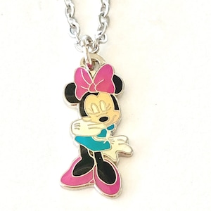 Vintage Disney Minnie Mouse Charm Necklace Pink Bow Enamel Disneyana 18" Stainless steel Chain Signed Charms image 1