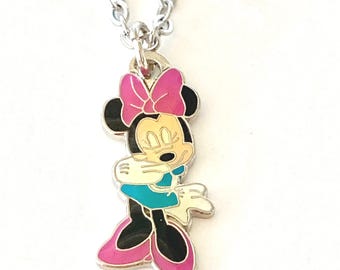 Vintage Disney Minnie Mouse Charm Necklace Pink Bow Enamel Disneyana 18" Stainless steel Chain Signed Charms