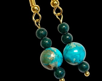 Imperial Jasper & Green Jade Stone Earrings Gold Plated Dangle Round Bead Semiprecious Stones Beads Hand Made