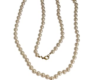Vintage Cream Glass Pearl Necklace 30" 8mm Hand Knotted Opera Length Gold Tone