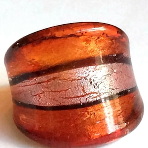 Vintage Murano Style Art Blown Glass Cocktail Ring Size 6 Statement Metallic Orange Black