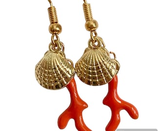 Gold Coral Sea Shell Charm Earrings Red Orange Island Beach Nautical Plated Sea Life SeaShells Mermaid Jewelry
