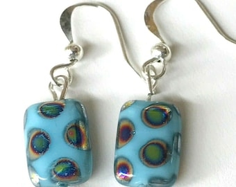 Murano Style Art Glass Bead Earrings Aqua Blue Gold Vintage Czech Beads Dangle Pierced Silver Plated