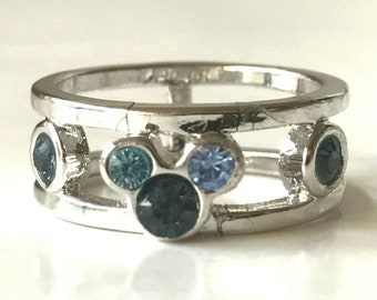 Vintage Disney Parks Mickey Mouse Ears Icon Crystal Ring Band Size 6 Disneyana Silver Plated Stamped Signed Blue Crystals