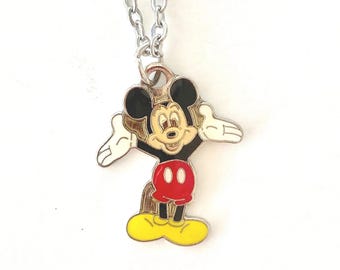 Vintage Disney Mickey Mouse Charm Necklace Disneyland Enamel Disneyana Rare Retired Signed Stainless Steel 18" Chain Groovy Smiling Happy