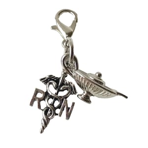 RN Nursing Caduceus Florence Nightingale Lamp Clip On Charm Zipper Pull Purse Charm Silver Plated