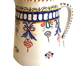 Vintage Spanish Talavera Clay Pottery Pitcher Vase White Blue Signed ECF Made in Spain
