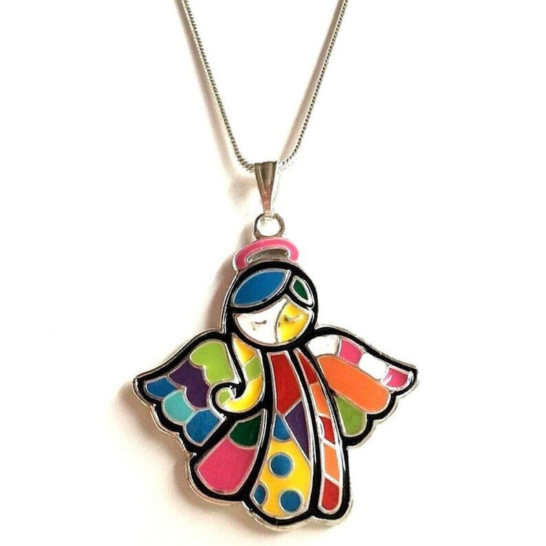 Vtg Pop Art Angel Necklace 18" Patchwork Pendant Multicolor Enamel Silver Plated image 3