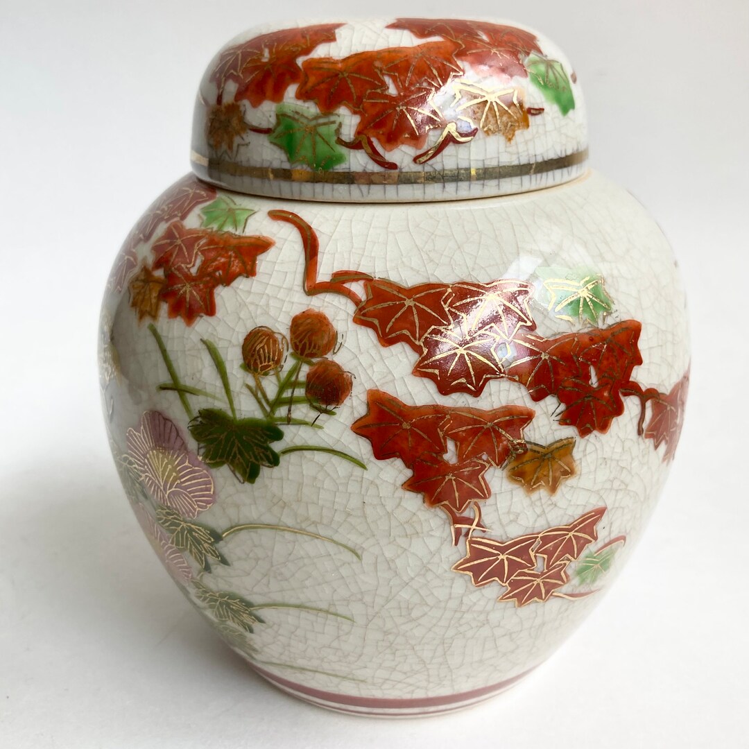 Vintage Kutani Japanese Ginger Jar Ceramic Floral Leaves Crazing 50s