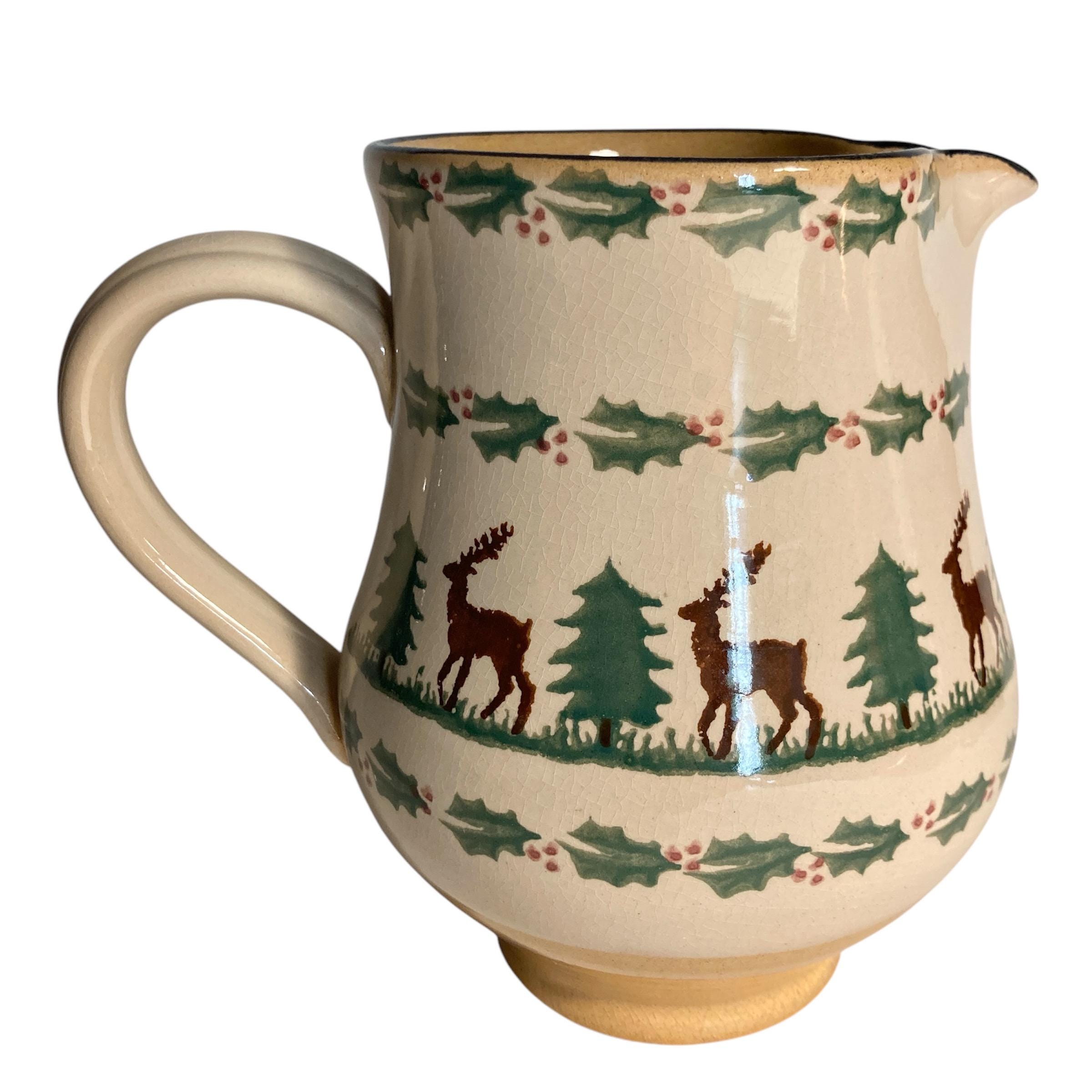 Nicholas Mosse Reindeer Christmas Tree Holly Pottery Pitcher 6.5
