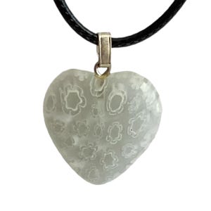 White Murano Glass Heart Necklace Millefiori Flowers Vintage Black Cord 18&quot;