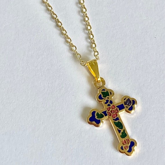 Vintage Cloisonne Maltese Cross Necklace Gold Pla… - image 6