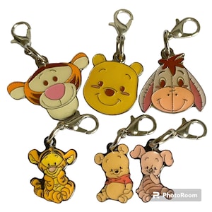 Vintage Disney Tigger Piglet Eeyore Winnie The Pooh Charm Lot of 6 Charms Bag Purse Zipper Pull Clip On for Bracelet Signed Charms