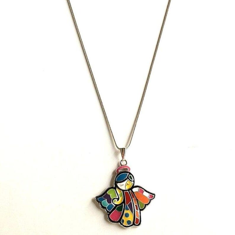 Vtg Pop Art Angel Necklace 18" Patchwork Pendant Multicolor Enamel Silver Plated image 4