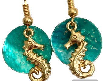 Seahorse Earrings Gold Plated Aqua Blue Bead Shells Island Beach Nautical Plated Mermaid Jewelry