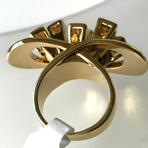 Vintage Art Deco Cocktail Ring Size 6 7 Signed Camilla Lucia Swarovski Crystal Gold Plated Geometric Astro Retro Stunning Signed Made in USA