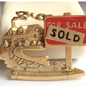 Vintage Real Estate Pin Brooch House For Sale SOLD Sign Gold Plated Realtor Gift Made in USA Collectible New