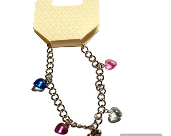 Vintage Disney Parks Mickey Mouse Ears Charm Bracelet Disneyana Starter Silver Tone 7.25" Adjustable Valentines Gift Hearts Pink Blue