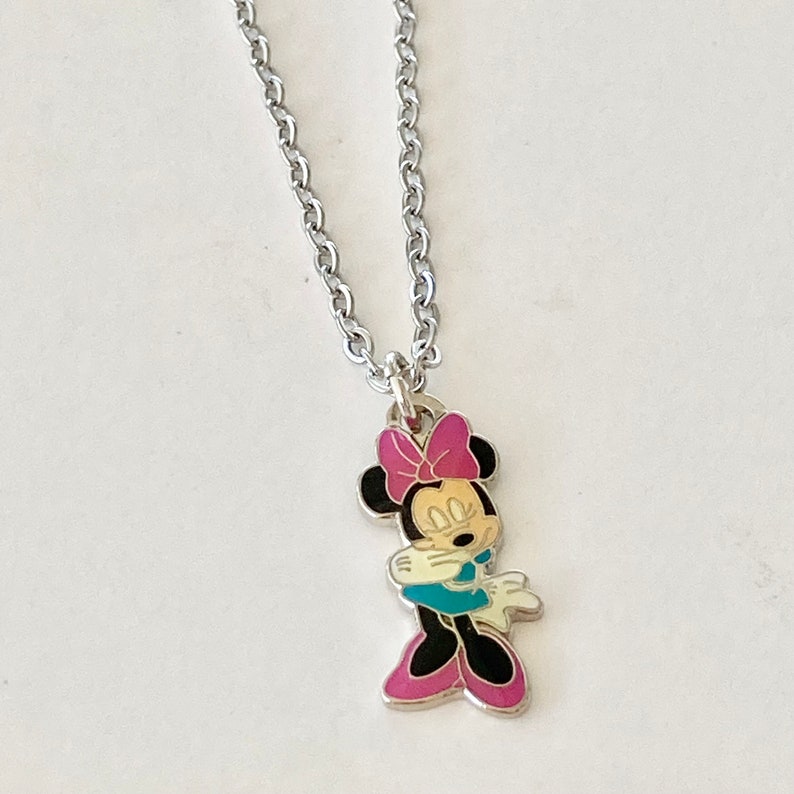 Vintage Disney Minnie Mouse Charm Necklace Pink Bow Enamel Disneyana 18" Stainless steel Chain Signed Charms image 8