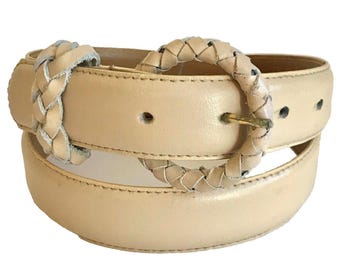 Vintage LA RUE Cream Beige Leather Belt Womens Size S M Weave Braided Buckle