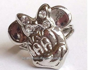 Vintage Disney Minnie Mouse Ring Bow Mickey Silver Plated Crystal Size 5 6 7 Adjustable Disneyana Collectible Signed Pinkie