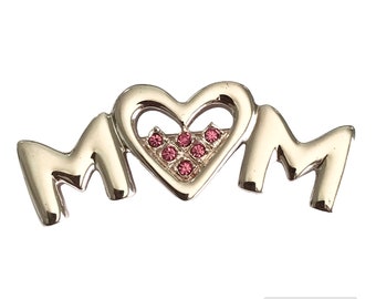 Vintage MOM Heart Brooch Pin Silver Plated Pink Crystal AJMC Mothers Day Gift