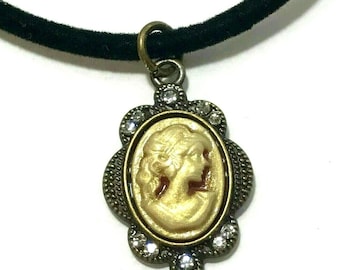 Antique Gold Cameo Necklace 18" Choker Plated Vintage Dainty Victorian Style Charm