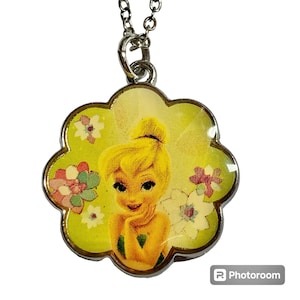 Vintage Disney Tinker Bell Tinkerbell Tink Charm Necklace 18&quot; Chain Fairy Silver Tone