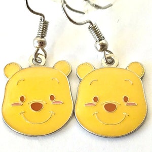 Vintage Disney Winnie The Pooh Bear Earrings Disneyana Charm Signed Charms Yellow Enamel